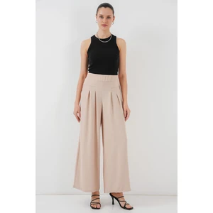 Kadın Geniş Paça Pileli Pantolon 6718 - Krem