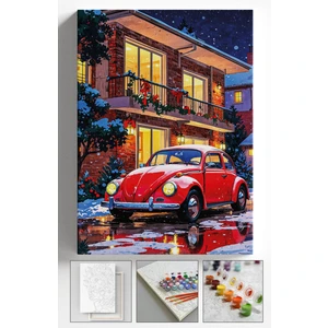 Sayılarla Boyama Çerçeveli Hobi Seti Numaralı Tuval Fırça Boya Dahil Kasnaklı 40X50 cm Kırmızı Ev Vosvos