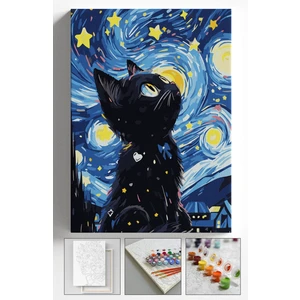 Sayılarla Boyama Çerçeveli Hobi Seti Numaralı Tuval Fırça Boya Dahil Kasnaklı 40X50 cm Yıldızlı Kedi