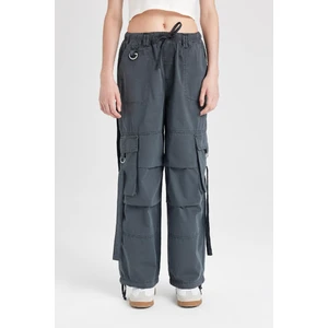 Coool Wide Leg Gabardin Pantolon Geniş Paça Normal Bel Basic Düz Bağcıklı Kargo Cepli B1205AX24AU