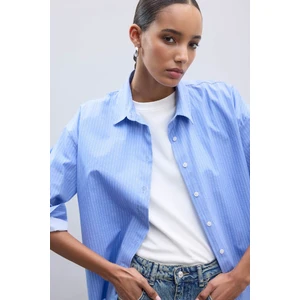 Oversize Geniş Kalıp Çizgili Poplin Uzun Kollu Gömlek W7702AZ25SP