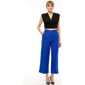 DK Deneme Kabini Kadın Yüksek Bel Cebi Kapaklı Rahat Kalıp Palazzo Pantolon - Saks Mavi