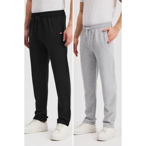 Siyah-Antrasit Erkek Fermuarlı Cepli Nakış Detaylı Düz Paça Rahat Kesim Günlük 2'li Eşofman Altı