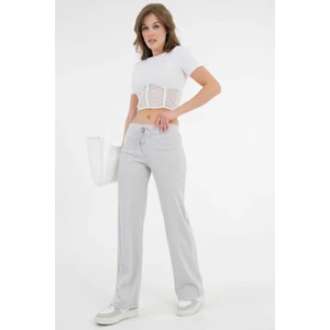 Gri Bağcıklı Fitted/vücuda Oturan Esnek Fitilli Örme Pantolon