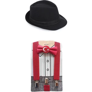 Masho Trend Ay Yıldız Papyon + Pantolon Askısı + Fötr Şapka - 23 Nisan Çocuk Okul Papyon Seti 29 Ekim Set