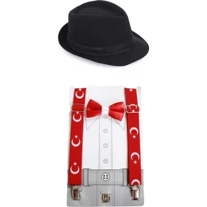 Masho Trend Ay Yıldız Papyon + Pantolon Askısı + Fötr Şapka - 23 Nisan Çocuk Okul Papyon Seti 29 Ekim Set