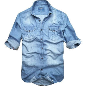 Gulf Bird Slim Fit Saf Pamuk Denim Kumaş Kot Gömlek--Çiftcep Mavi--