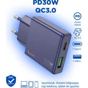 N45 PD30W + Qc3.0 Usb-C + Usb-A Hızlı Şarj Adaptörü