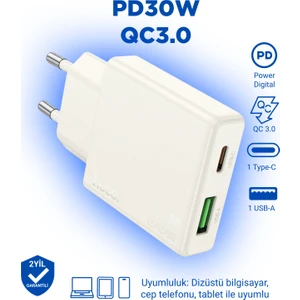 N45 PD30W + Qc3.0 Usb-C + Usb-A Hızlı Şarj Adaptörü