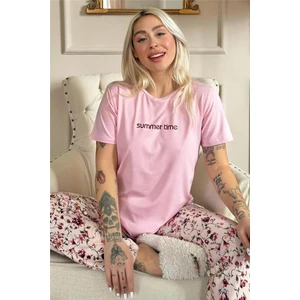 Pembe Summer Time Desenli Kısa Kollu Örme Kadın Pijama Takımı