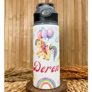 Kişiye Özel Isimli Kız Çocuk Unicorn Pipetli Suluk Matara 650 ml