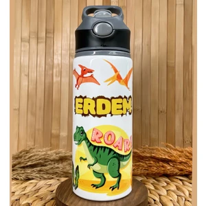 Kişiye Özel Isimli Erkek Çocuk Dinozor Pipetli Suluk Matara 650 ml