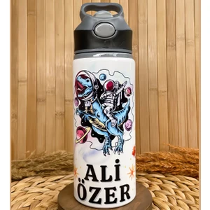 Kişiye Özel Isimli Erkek Çocuk Uzay Astronot Dinozor Pipetli Suluk Matara 650 ml