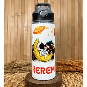 Kişiye Özel Isimli Erkek Çocuk Astronot Uzay Pipetli Suluk Matara 650 ml