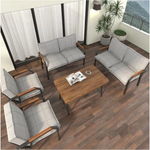 Hayal Serisi Modern Balkon, Bahçe, Cafe - Metal Kanepe Koltuk Takımı 2+2+1+1 -70 x 110 Masalı - Açık Gri