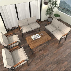 Hayal Serisi Modern Balkon, Bahçe, Cafe - Metal Kanepe Koltuk Takımı 2+2+1+1 -70 x 110 Masalı - Krem