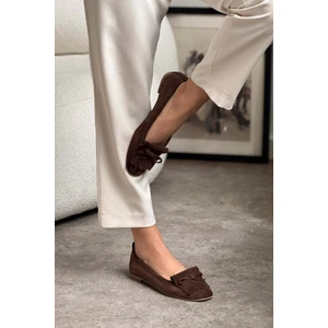Nişantaşı Shoes Cleve Kahve  Süet Deri Püskül Detaylı Düz Taban Kadın Babet