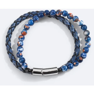 Avva Erkek Mavi %100 Deri ve Ceyt Taşlı Bileklik A51Y9606