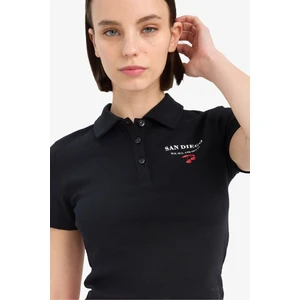 Fitted Polo Yaka Baskılı Ribana Kısa Kollu Siyah Tişört D1095AX25SM