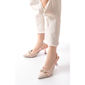 İnfon Ayakkabı Marketi K-250 Pudra Keten Günlük Arkası Açık Tokalı Topuklu Kadın Ayakkabı