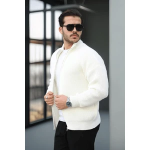 Oversize Selanik Örme Fermuarlı Erkek Hırka- Ekru