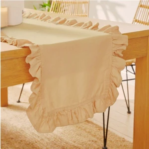 Bej Fırfırlı Runner, Kadife Dokulu 40 x 110, Koyu Gri, Dertsiz Runner