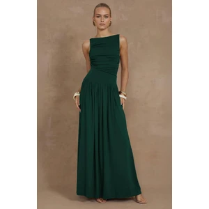 Yeşil Önü Dökümlü Uzun Boy Kadın Elbise MG2364