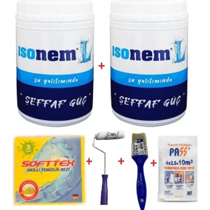 L Şeffaf Güç Su Yalıtımı (2 Adet) 1 kg Şeffaf Su Yalıtım + Epoksi Rulo + Fırça + Hışır Örtü + Softtex Temizlik Bezi