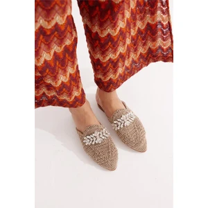 Kadın Taşlı Terlik  Önü Kapalı Hasır Dantel Örme Çeyiz Günlük Sandalet