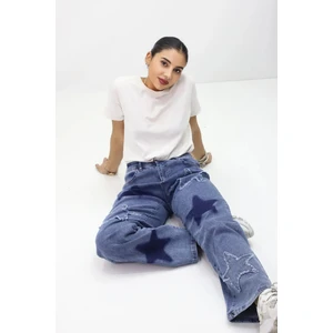 Gzt Tekstil Kadın Yüksek Bel Bol Kesim 6 Yıldız Detaylı Jean Pantolon
