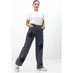 Gzt Tekstil Kadın Yüksek Bel Bol Kesim 6 Yıldız Detaylı Jean Pantolon