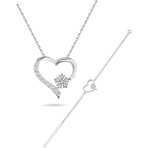 925 Ayar Gümüş Zirkon Taşlı Kar Tanesi Kalpli Kadın Kolye Bileklik Seti