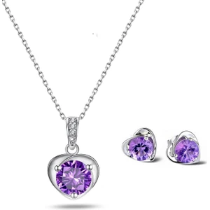 Ametist Taşı Kalp Bayan Gümüş Kolye Küpe Seti