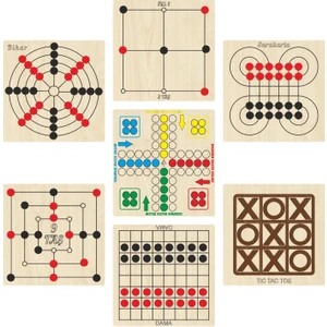 Ahşap Zeka ve Strateji Oyun Seti 7 Li, Kızma Birader+Dama+3 Taş+9 Taş+Bihar+Surakarta ve Tic-Tac-Toe