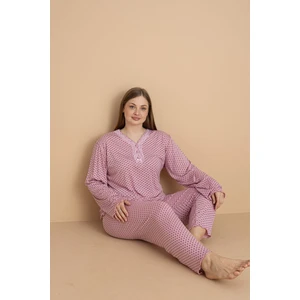 Kadın Büyük Beden Desenli Yakası Düğmeli Uzun Kollu Bambu Pijama Takımı