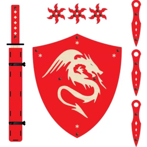Ahşap Oyuncak Samuray Seti 4 Lü, Kalkan +Katana Kılıcı + Ninja Yıldızı Kohga + Fırlatma Bıçağı Kunai Kırmızı