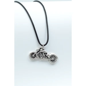 Chopper Motor Gümüş Kaplama Deri İp Kolye