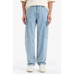 %100 Pamuk Relax Fit Rahat Kesim Düz Paça Kargo Cepli Jean Yıkamalı Pantolon F2381AX25SP