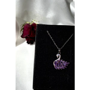 Kuğu Model Mor Zirkon Taşlı 316L Çelik Kolye Silver