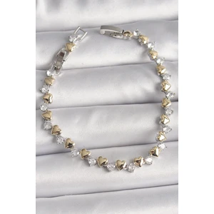 Pirinç Gümüş Renk Zirkon Taşlı Gold Kalpli Vıp Seri Kadın Bileklik - TJ-BB6714