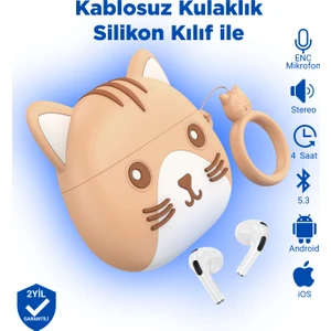 EW46 Pro Ios Android Uyumlu Tws Bluetooth 5.3 Kablosuz Kulaklık Silikon Kedi Desenli Kılıf ile