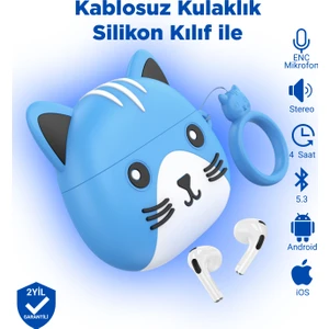 EW46 Pro Ios Android Uyumlu Tws Bluetooth 5.3 Kablosuz Kulaklık Silikon Kedi Desenli Kılıf ile