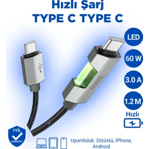 U123 Regent 60W LED Işıklı Type-C To Type-C Hızlı Şarj Veri Kablosu