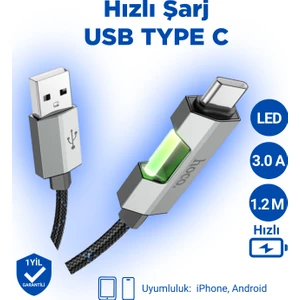 U123 Regent LED Işıklı Type-C To USB Hızlı Şarj Veri Kablosu