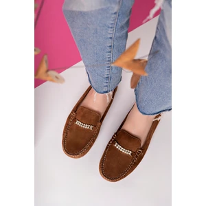 Sy Leather Laura Model Hakiki Deri Süet Toprak Rengi Taş Detaylı Günlük Kadın Babet