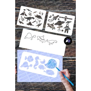 Uzay, Hayvanlar, Dinozorlar Çizim Şablonu Seti, 3 Adet Çizim Cetveli, Stencil Çocuk Boyama Şablonu