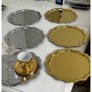 Gold ve Gümüş Yuvarlak Dalgalı 6 Adet Servis ve Sunum Tepsisi