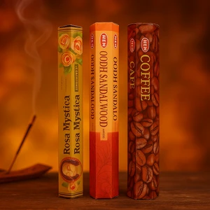 MVT TASARIM 60 Adet Çubuk Tütsü, Egzotik ve Doğal: Oodh Sandalwood, Mistik Gül ve Kahve Tütsü Triosu