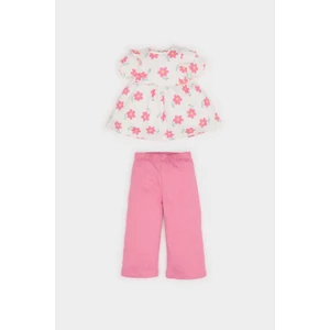 Kız Bebek 2'li Takım Çiçekli Kısa Kollu Bluz Beli Lastikli Pantolon E8441A525SM