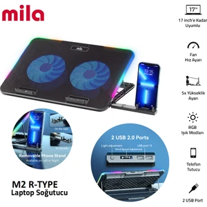 Classone Mila Serisi M2 R-TYPE 13-17 inch RGB Işıklı, 2 Büyük Fan, Telefon Standı,2 USB Notebook Soğutucu Stand